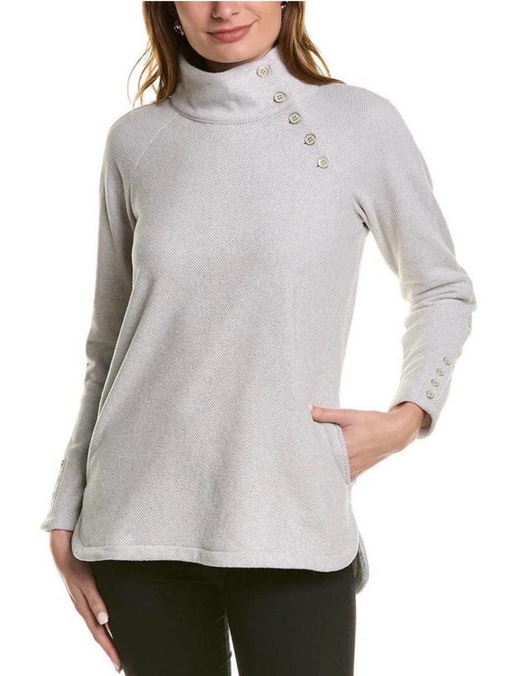 J. McLaughlin Marisa Light Gray Button-Shoulder Mock Neck Turtleneck Sweater M